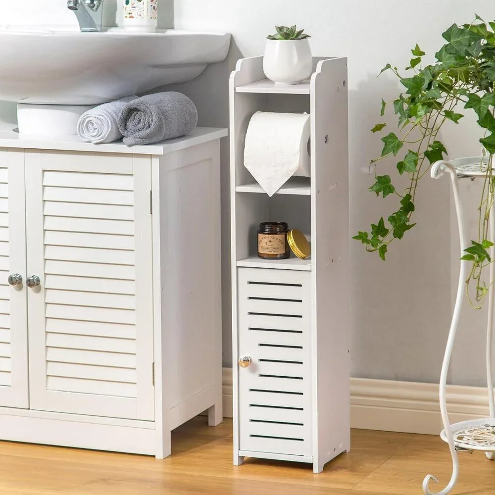 Bathroom Storage Cabinet Beside Toilet Roll Holder Organizer With Door White